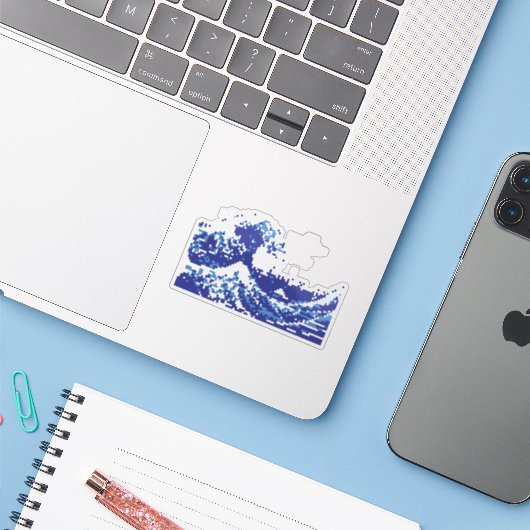 Pixel Tsunami Blue 8 Bit Pixel Art Aufkleber (Laptop mit iPhone)