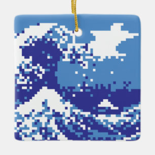 Pixel Tsunami Blue 8 Bit Pixel Art Keramikornament