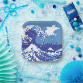 Pixel Tsunami Blue 8 Bit Pixel Art Pappteller (Party)