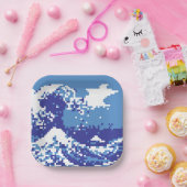 Pixel Tsunami Blue 8 Bit Pixel Art Pappteller (Party)