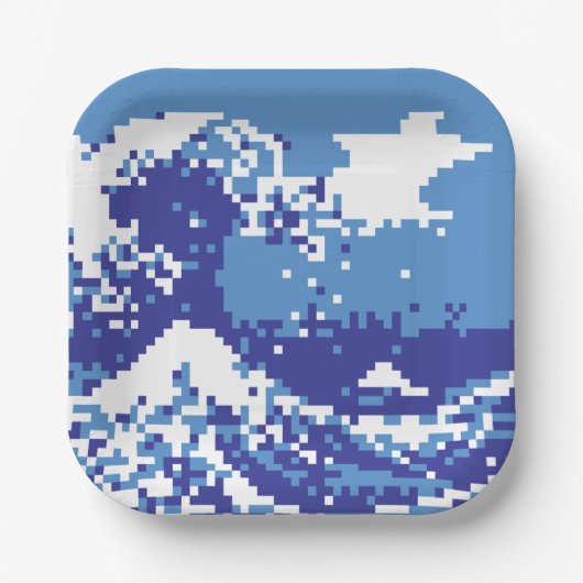 Pixel Tsunami Blue 8 Bit Pixel Art Pappteller (Vorderseite)