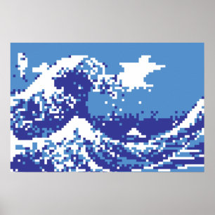 Pixel Tsunami Blue 8 Bit Pixel Art Poster