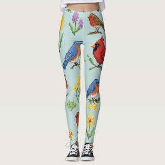 Pixel-Vögel und Blume Leggings