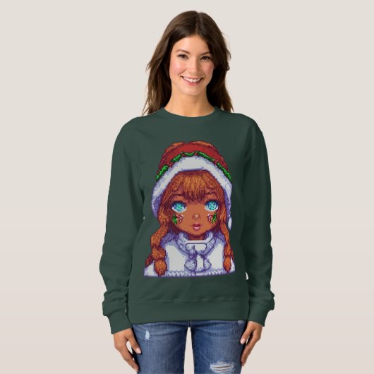 Pixelart-Mädchen mit Weihnachtsmannmütze Sweatshirt (Vorne ganz)
