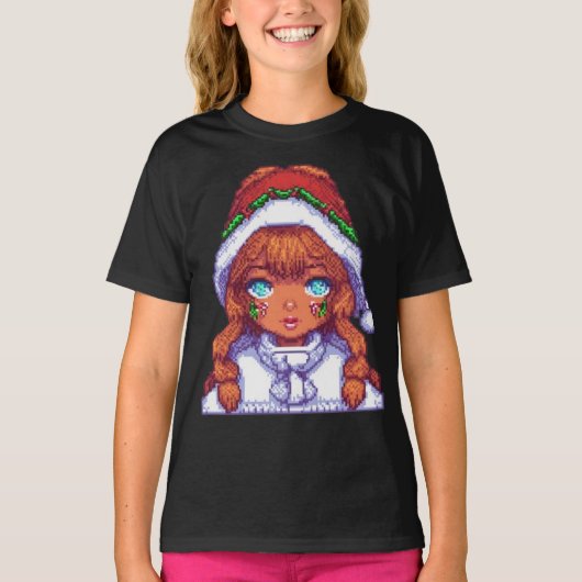 Pixelart-Mädchen mit Weihnachtsmannmütze T-Shirt (Vorderseite)