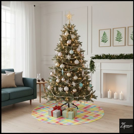 Pixelated Bright Yellow Plaid Graphic Checkerboard Polyester Weihnachtsbaumdecke