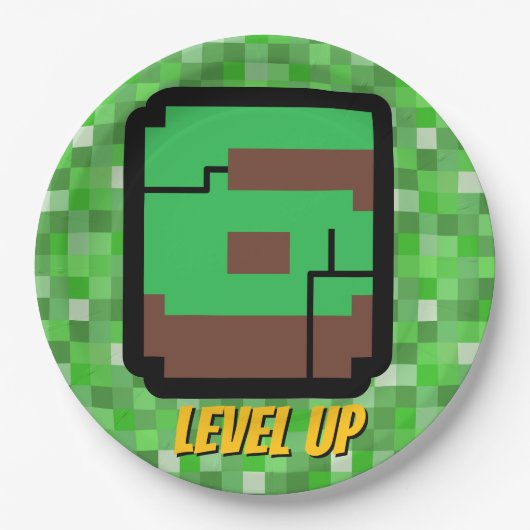 Pixelated Gamer Green Building Level Up 6 Pappteller (Vorderseite)