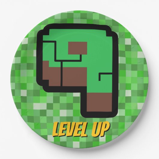 Pixelated Gamer Green Building Level Up 9 Pappteller (Vorderseite)