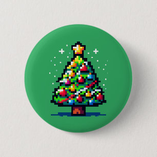 Pixelfestlichkeit: 8-Bit-Weihnachtsbaum-Design Button