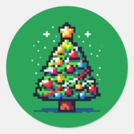 Pixelfestlichkeit: 8-Bit-Weihnachtsbaum-Design Runder Aufkleber
