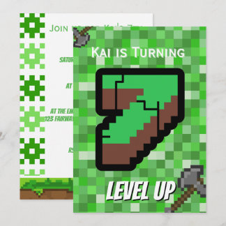 Pixeliger Gamer Grün Level Up 7. Geburtstag Einladung