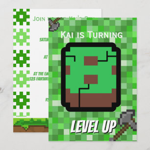 Pixeliger Gamer Grün Level Up 8. Geburtstag Einladung
