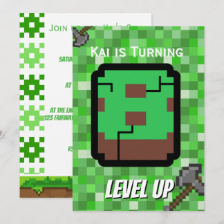 Pixeliger Gamer Grün Level Up 8. Geburtstag Einladung