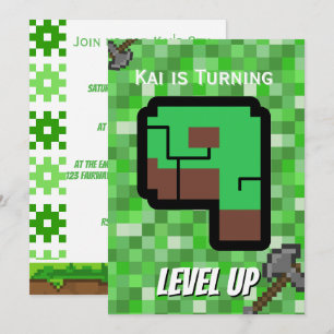 Pixeliger Gamer Grünes Gebäude Level Up 9 Einladung