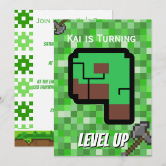 Pixeliger Gamer Grünes Gebäude Level Up 9 Einladung