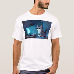 Pixelkatze Doomscrolling auf Laptop – Späte Nacht  T-Shirt