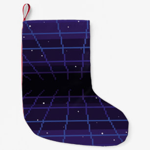 Pixelkunst des 80er Retro-Sci-Fi-Hintergrundes. Pi Kleiner Weihnachtsstrumpf