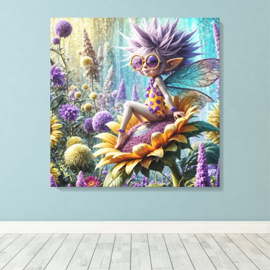 Pixie Fairy auf einer Sonnenblume Leinwanddruck (Insitu (Holzboden))