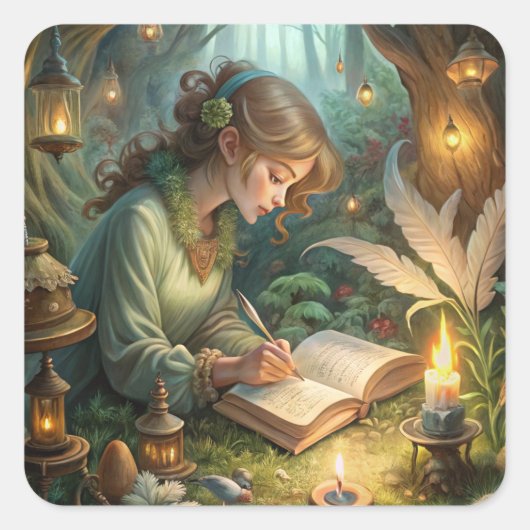 Pixie Girl Writing Quadratischer Aufkleber (Vorderseite)