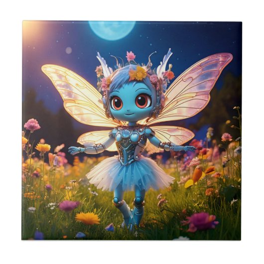 Pixie Robot Ballerina Tanzen in den Wildblumen Fliese (Vorderseite)