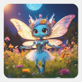 Pixie Robot Ballerina Tanzen in den Wildblumen Quadratischer Aufkleber