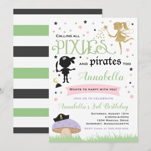 Pixie und Pirate zum Geburtstag Einladung Fairy Pi (Vorne/Hinten)