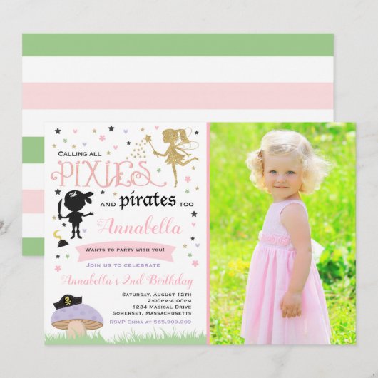 Pixie und Pirate zum Geburtstag Einladung Fairy Pi (Vorne/Hinten)