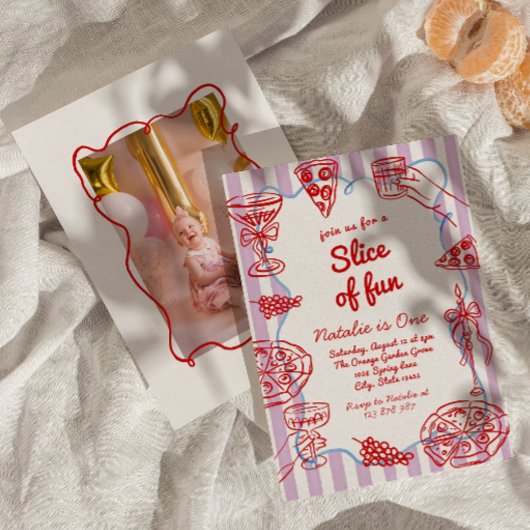 Pizza 1. Handgezogenes Stück Spaß Foto Geburtstag Einladung