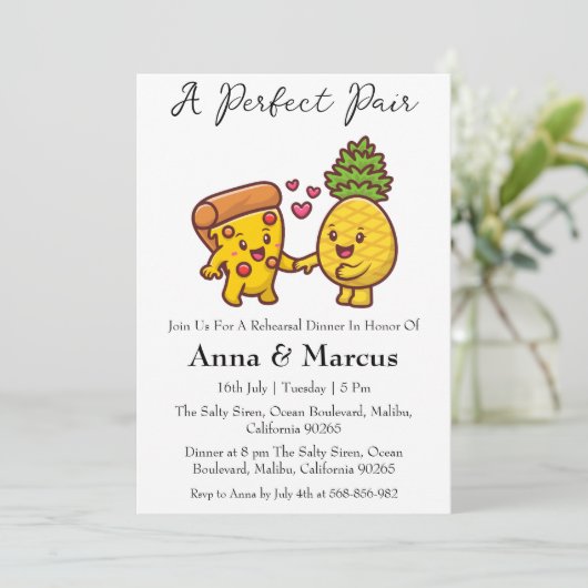 Pizza & Ananas perfekte Paare Brautspeise Einladung (Stehend Vorderseite)