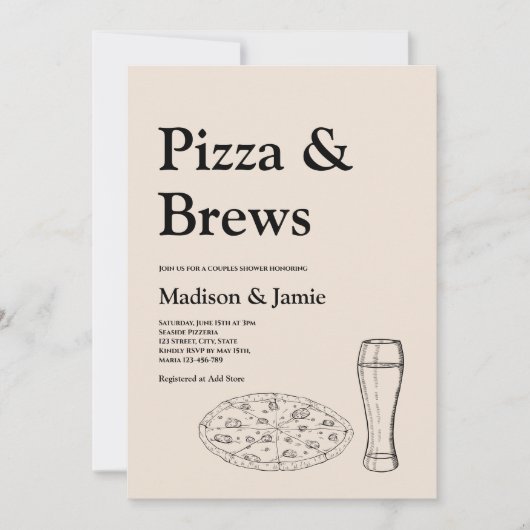 Pizza and Brews Beer Lässige Paare Brautparty Einladung (Vorderseite)