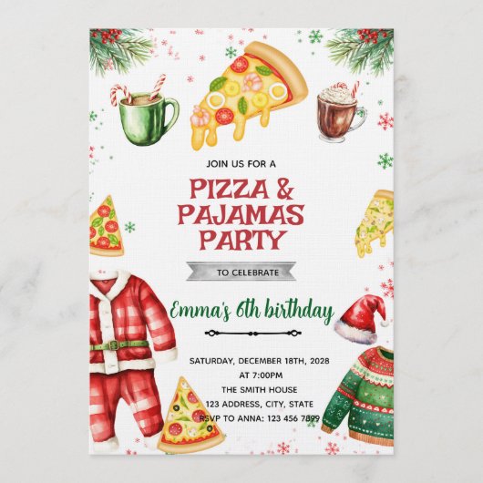 Pizza and Pajamas Christmas Invitation Einladung (Vorderseite)