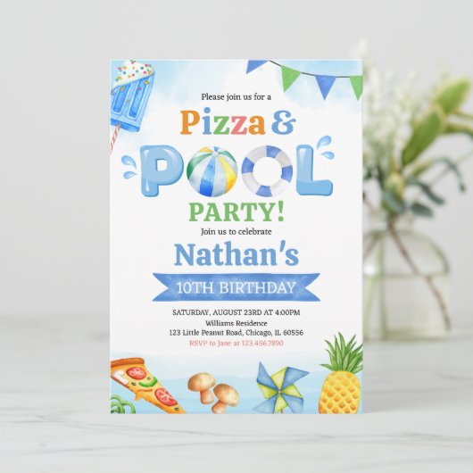  Pizza and Pool Birthday Party Einladung (Stehend Vorderseite)