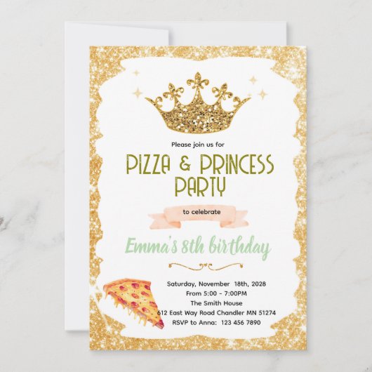 Pizza and Princesses party Invitation Einladung (Vorderseite)