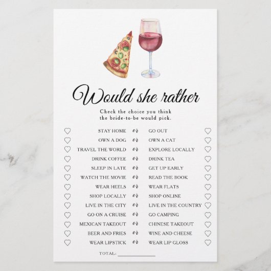 Pizza and Wine Bridal shower Would she rather (Vorderseite)