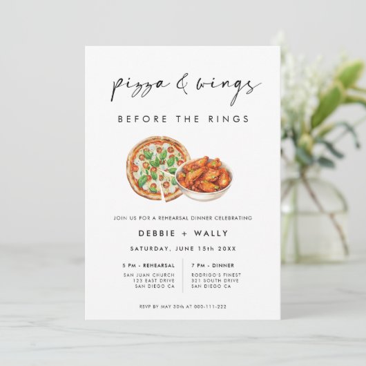 Pizza and Wings Before Rings Probe Dinner Einladung (Stehend Vorderseite)