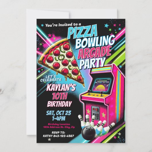 Pizza Arcade Bowling Party Einladung für Kinder (Vorderseite)