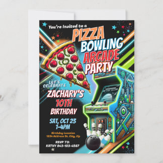 Pizza Arcade Bowling Party Einladung für Kinder