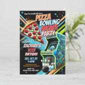 Pizza Arcade Bowling Party Einladung für Kinder (Stehend Vorderseite)
