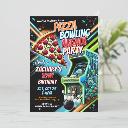 Pizza Arcade Bowling Party Einladung für Kinder (Stehend Vorderseite)