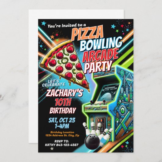 Pizza Arcade Bowling Party Einladung für Kinder (Vorne/Hinten)