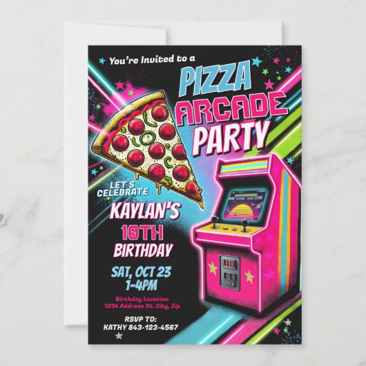 Pizza Arcade Party Einladung für Kinder (Vorderseite)