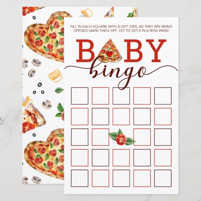 Pizza Baby Dusche Bingo Game Card | Party (Vorne/Hinten)
