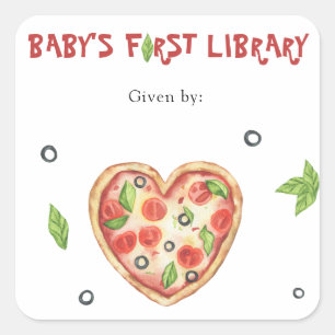 Pizza Baby Shower Exlibris - Baby's erste Biblioth Quadratischer Aufkleber