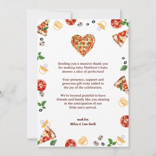 Pizza Baby Shower Foto Danke Karte - Fun Co-ed (Rückseite)