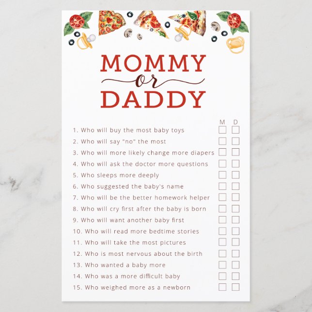 Pizza Baby Shower Game - Mommy oder Daddy Guessing (Vorderseite)