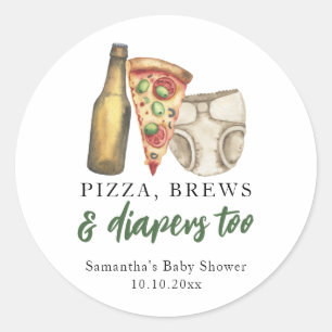 Pizza, Bier und auch Windeln Baby-Party Runder Aufkleber
