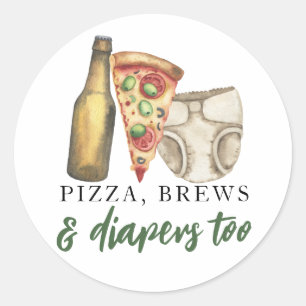 Pizza, Bier und auch Windeln Babyparty Runder Aufkleber