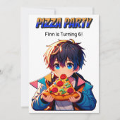 Pizza Birthday Party | Anime Boy mit Pizza Einladung (Vorderseite)