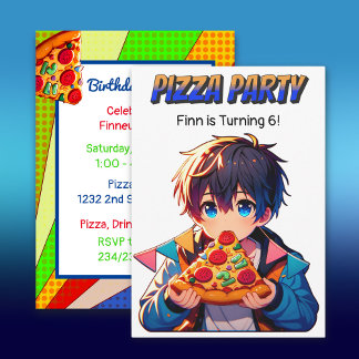 Pizza Birthday Party | Anime Boy mit Pizza Einladung