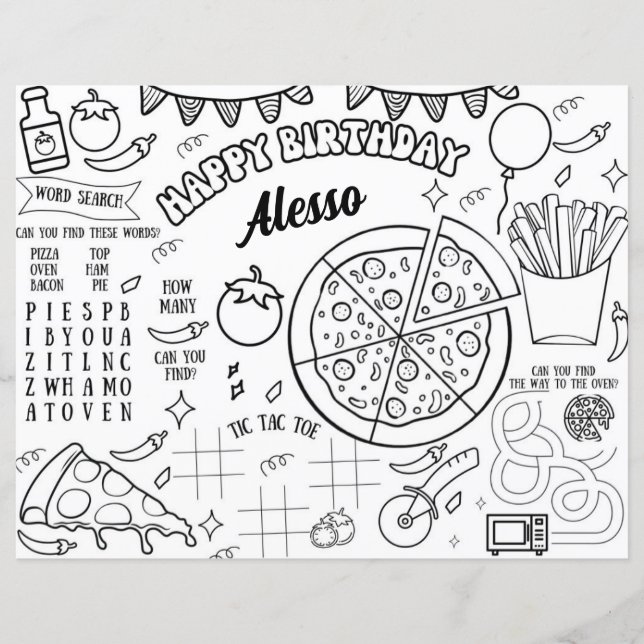 Pizza Birthday Party Colour Page Tischset (Vorderseite)